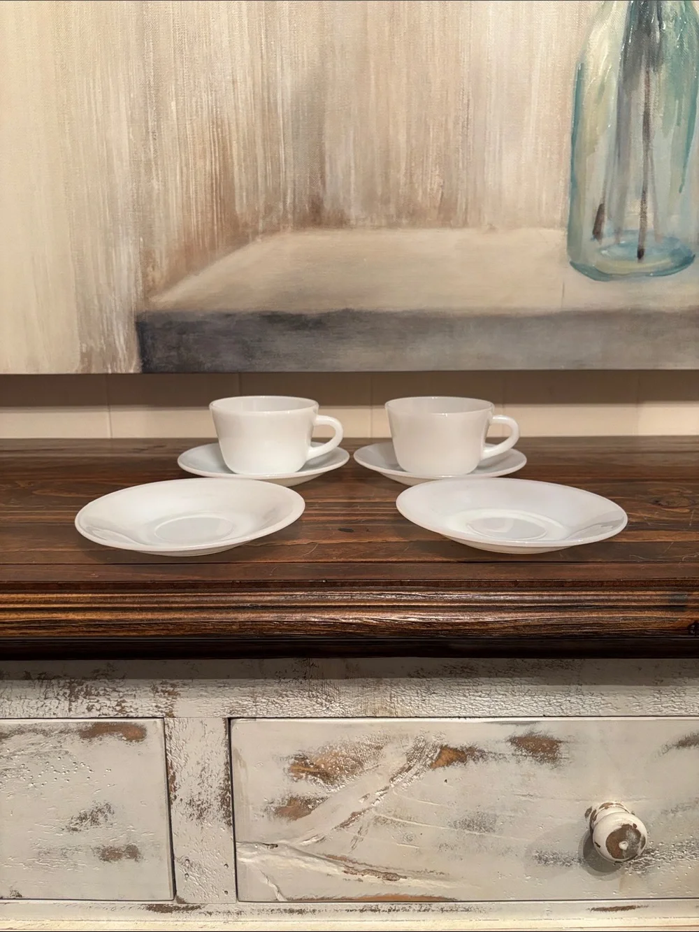 Vintage Translucent Milk Glass Fire King 2 Cups And 4 Saucers Made In USA